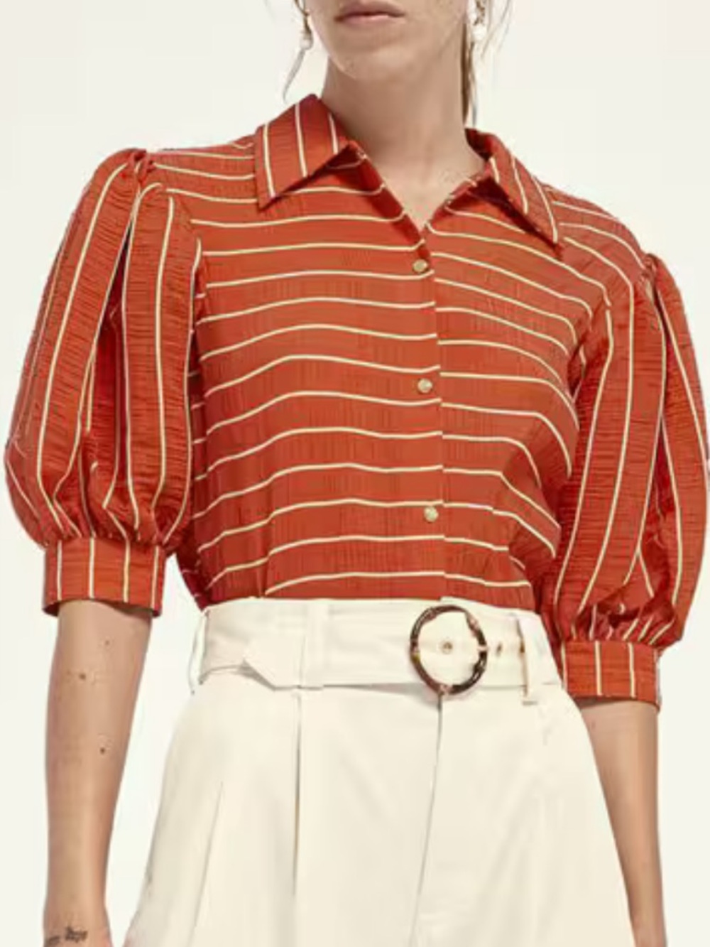 Scotch& Soda Striped Puff-Sleeve Shirt Blouse